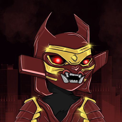 Crimson demonic samurai wearing a horned kabuto and gold oni mask
