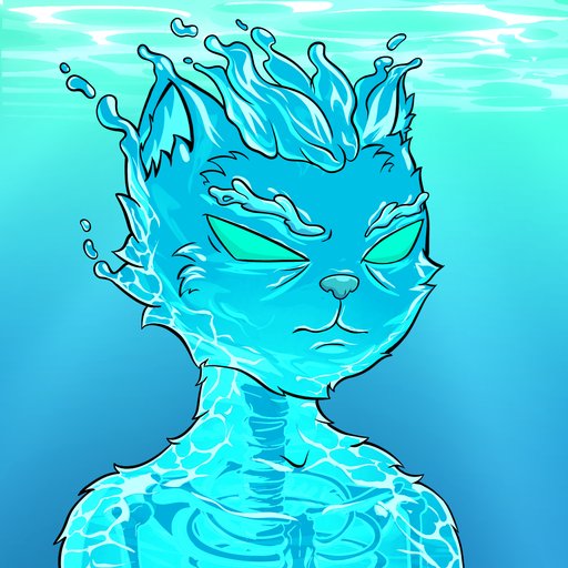 Translucent blue water cat with glowing cyan eyes