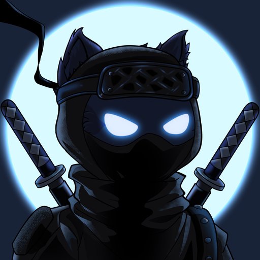 Dark cat shinobi with glowing eyes and crossed swords before a moon