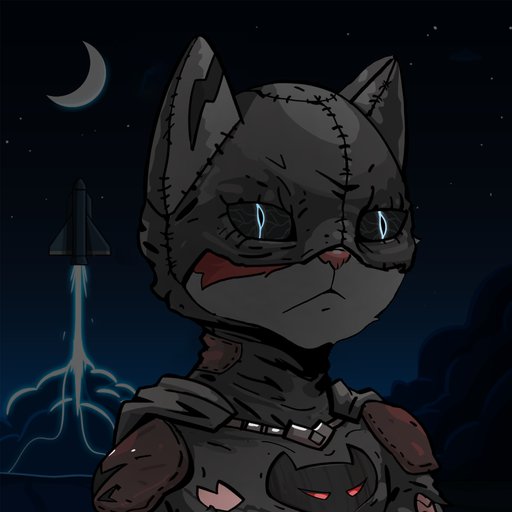 Stitched gray cat in weathered armor under a crescent moon and rocket trail